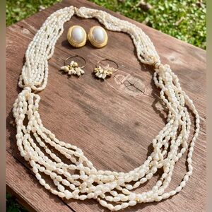 3 Piece Pearl Necklace & Earrings & Mabe Faux Pearl Earrings (LCI) Jewelry Set